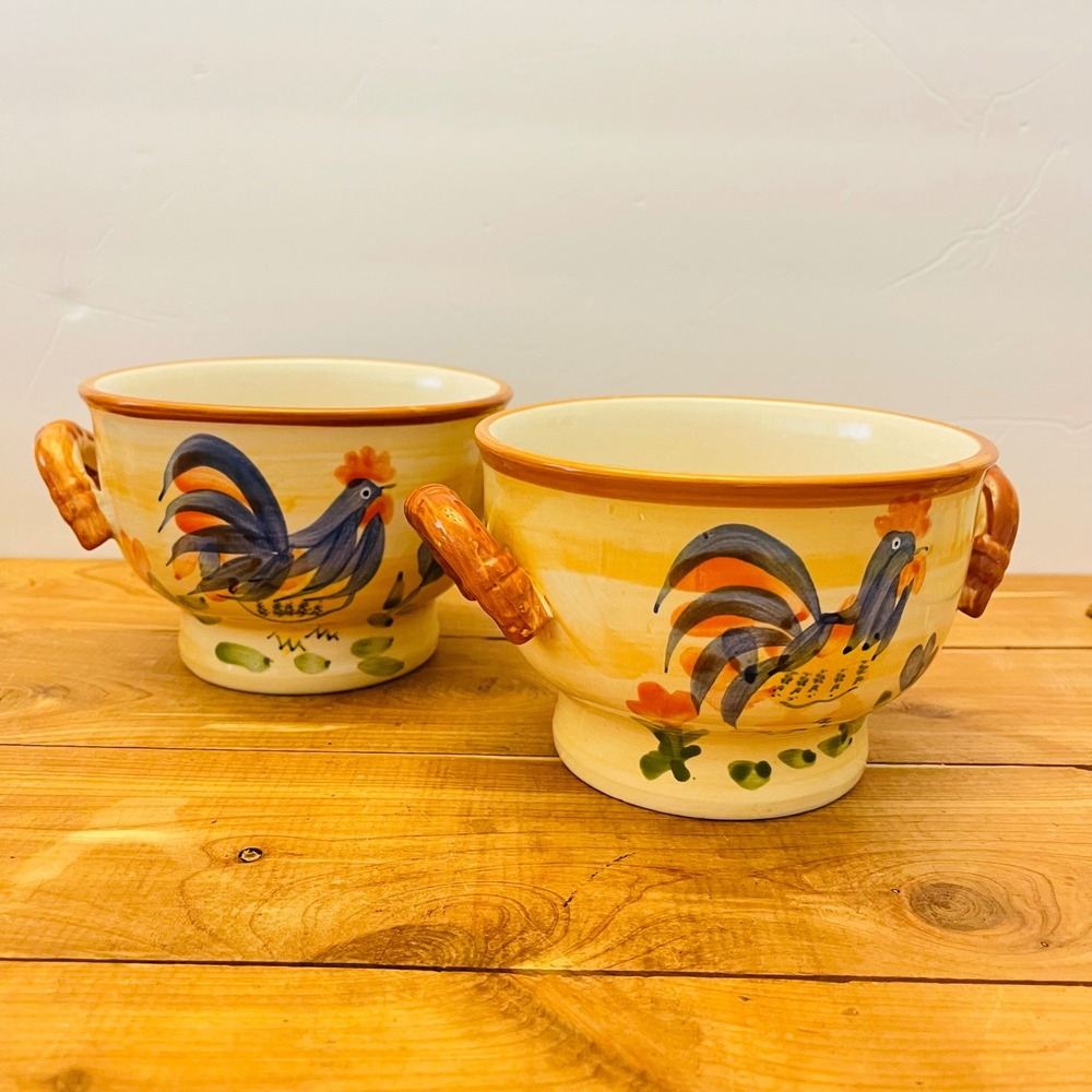 California Pantry Rooster Ceramic Soup Bowls Set of 2 Hand Painted Farmhouse